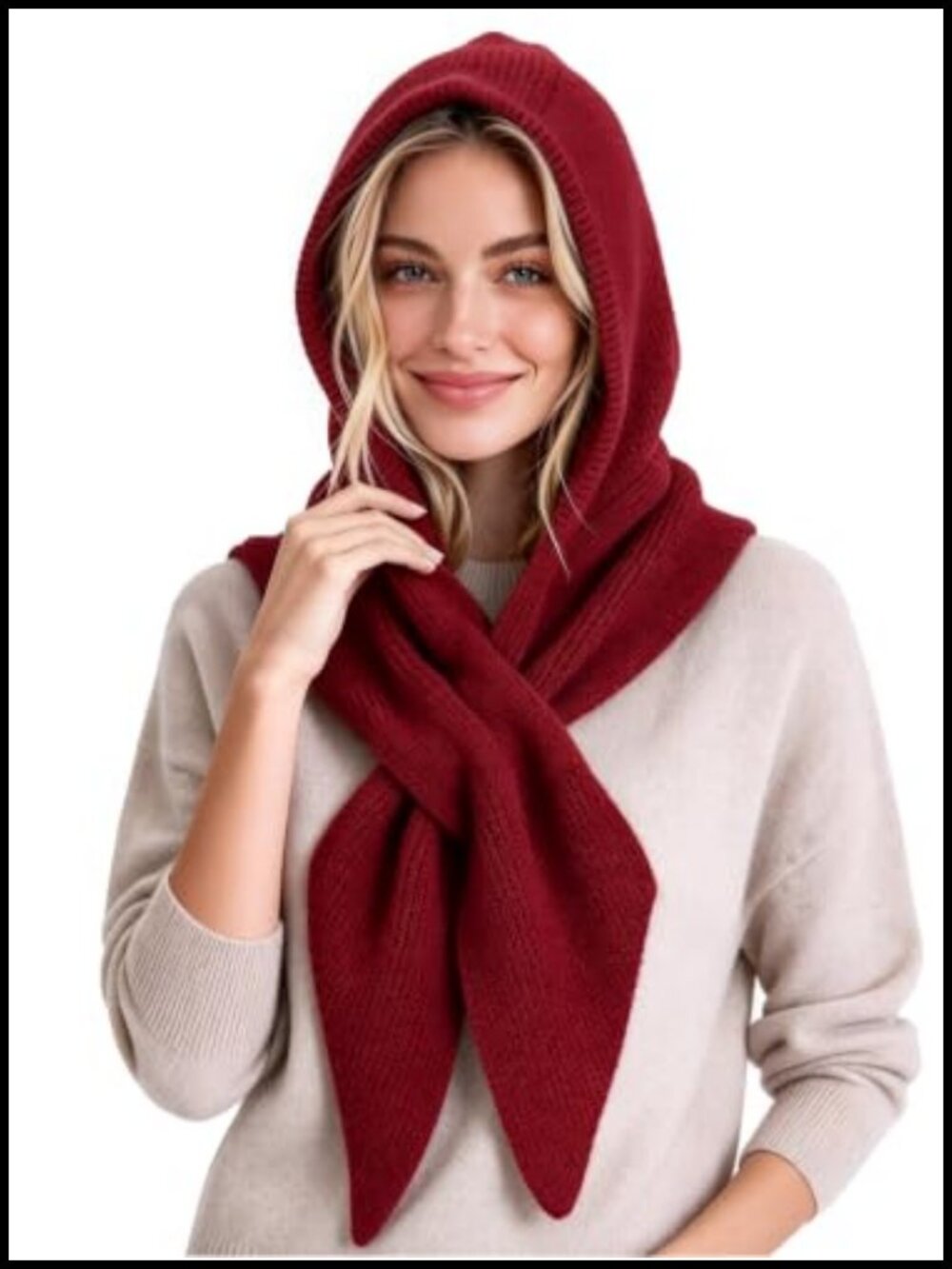 Wool Blend Hooded Scarf Balaclava Knit Hood Hat Neck Warmer